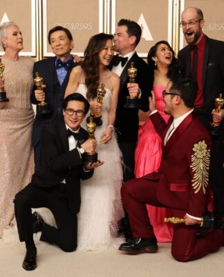 Jamie Lee Curtis, Michelle Yeoh, Ke Huy Quan, Stephanie Hsu, Daniel Kwan, Daniel Scheinert and Jonathan Wang of "Everything Everywhere All at Once" at the 95th Annual Academy Awards in March 2023