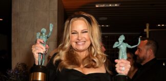 Jennifer Coolidge with her awards for Female Actor in a Drama Series, "The White Lotus", Drama Series Ensemble, "The White Lotus" at the 29th Annual Screen Actors Guild Awards in February 2023.