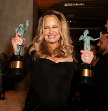 Jennifer Coolidge with her awards for Female Actor in a Drama Series, "The White Lotus", Drama Series Ensemble, "The White Lotus" at the 29th Annual Screen Actors Guild Awards in February 2023.