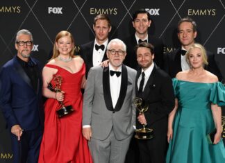The cast of "Succession": Alan Ruck, Sarah Snook, Alexander Skarsgård, Brian Cox, Nicholas Braun, Kieran Culkin, Matthew Macfadyen, and J. Smith-Cameron with their award for Outstanding Drama Series at the 75th Primetime Emmy Awards in January 2024