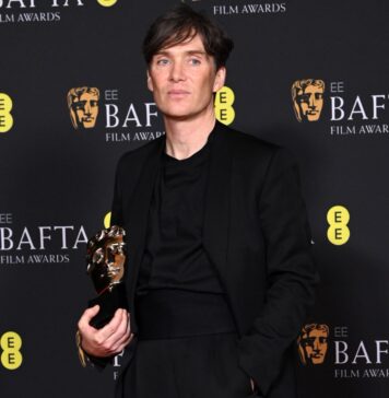 Cillian Murphy with his award for Leading Actor, "Oppenheimer" at the 77th British Academy Film Awards in February 2024