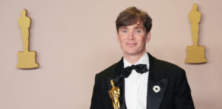 Cillian Murphy of "Oppenheimer" celebrates backstage with his Best Actor Oscar in March 2024