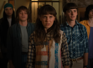 Millie Bobby Brown, Finn Wolfhard, Charlie Heaton, Noah Schnapp, and Eduardo Franco in "Stranger Things"
