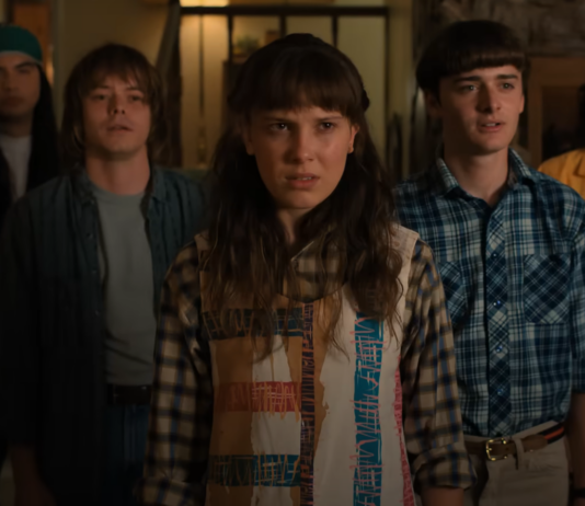 Millie Bobby Brown, Finn Wolfhard, Charlie Heaton, Noah Schnapp, and Eduardo Franco in "Stranger Things"