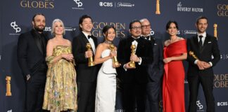 Shogun cast at the 82nd Annual Golden Globe Awards after winning Best Television Series, Drama in January 2025