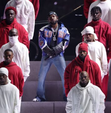 Kendrick Lamar performs in the Halftime Show of Super Bowl LIX in February 2025