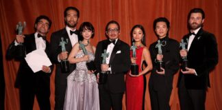 Tadanobu Asano, Shinnosuke Abe, Moeka Hoshi, Hiroyuki Sanada, Anna Sawai, Hiroto Kanai and Tommy Bastow from Shogun at the 31st Screen Actors Guild Awards in February 2025